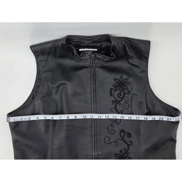 Coldwater Creek Black Leather Floral Embroidered Vest Women's XL Moto Boho - Picture 4 of 7